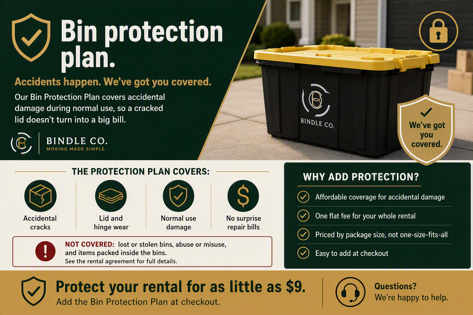 Bin protection plan: covers accidental cracks, lid and hinge wear and normal use damage; lost or stolen bins, misuse and packed items are not covered.