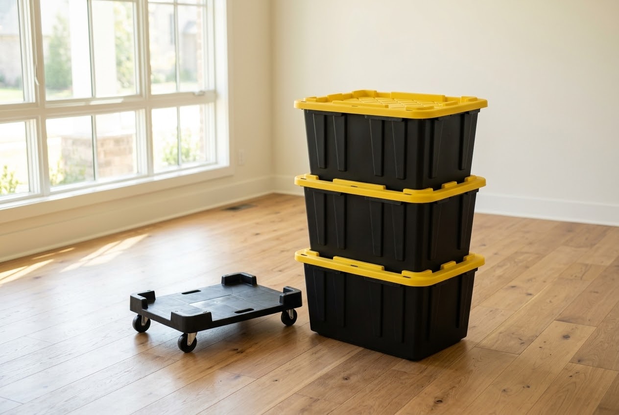 Stack of black Bindle moving bins with yellow lids beside a black dolly in an empty room