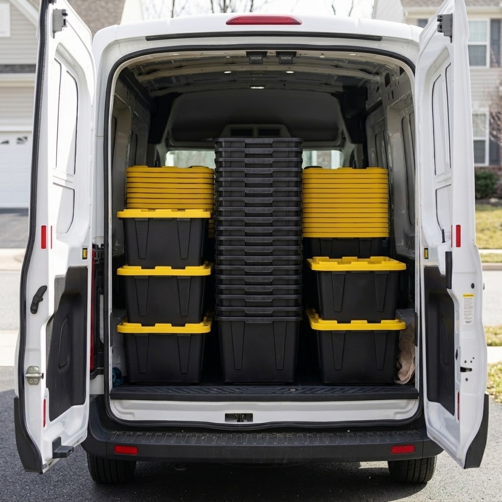 Bindle van loaded with black bins and yellow lids